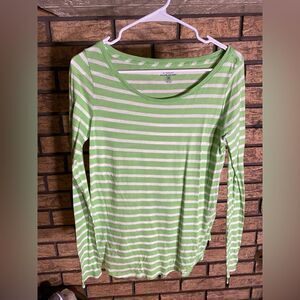 Green white striped polo blouse‎